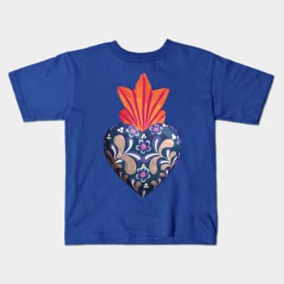 Mexican folk art sacred heart Oaxacan wood carving hand painted flower milagrito blue bold decoration Kids T-Shirt